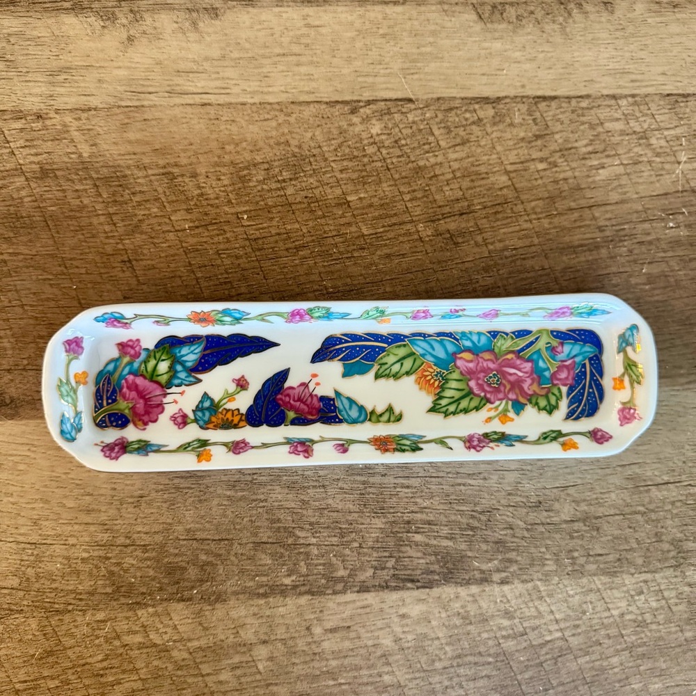 Neiman Marcus Floral Porcelain Dish Tray Vanity Desk Long Narrow